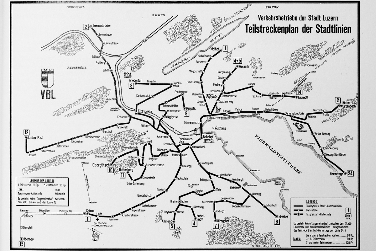 Der Liniennetzplan der Stadtlinien im Jahr 1977 mit den Trolleybuslinien 1-7. (Sammlung Stefan Limburg) Der Liniennetzplan der Stadtlinien im Jahr 1977 mit den Trolleybuslinien 1-7. (Sammlung Stefan Limburg)