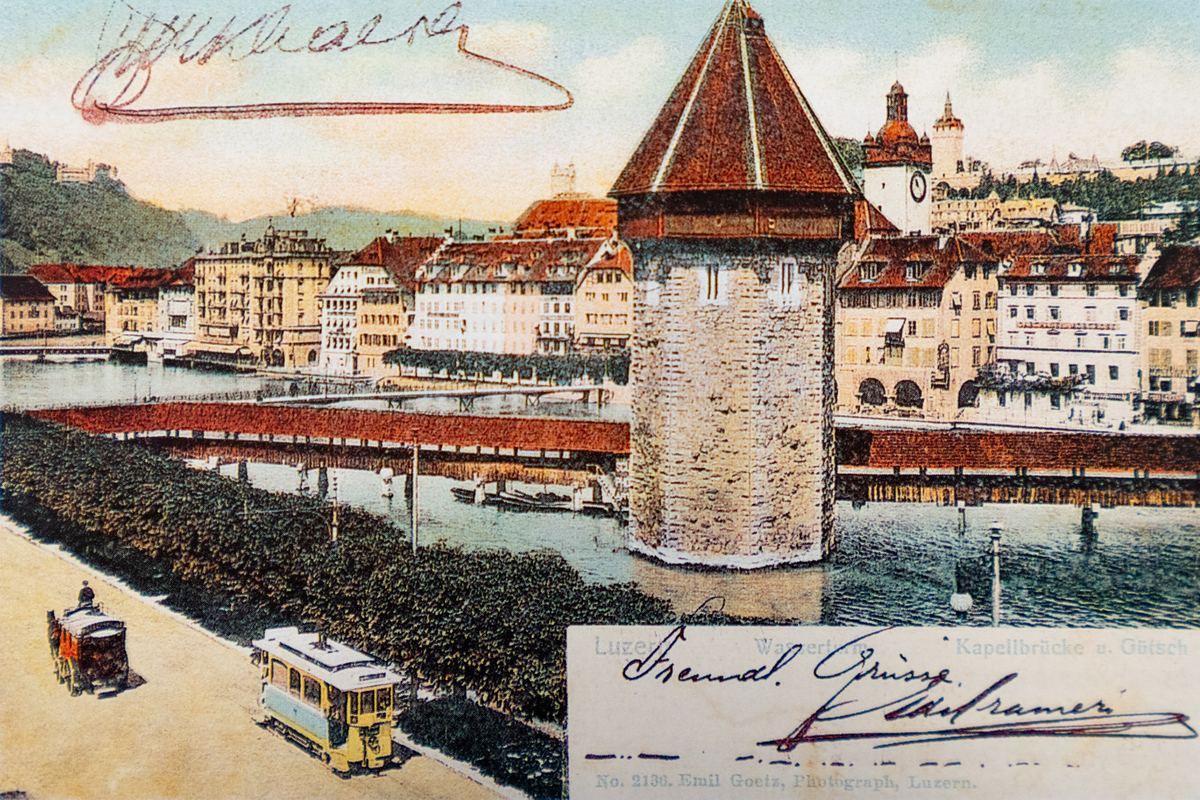 Kolorierte Ansichtskarte eines Trams im frühen Gelb/Blau in der Bahnhofstrasse. (Slg. C. Berger) Kolorierte Ansichtskarte eines Trams im frühen Gelb/Blau in der Bahnhofstrasse. (Slg. C. Berger)