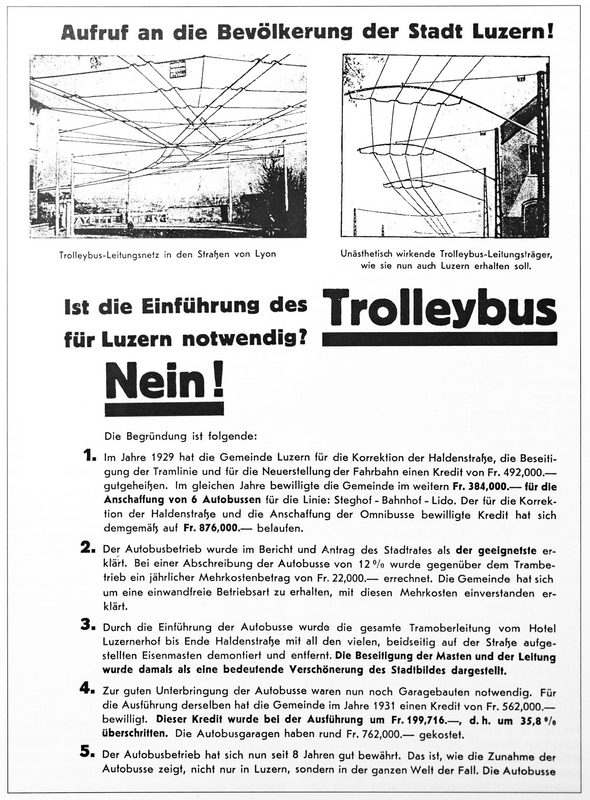 Erste Seite des am 1. Juli 1938 erschienenen (vierseitigen) anonymen Flugblattes zur Volksabstimmung vom 3. Juli 1938 über die Einführung des Trolleybusbetriebes. (Archiv VBL) Erste Seite des am 1. Juli 1938 erschienenen (vierseitigen) anonymen Flugblattes zur Volksabstimmung vom 3. Juli 1938 über die Einführung des Trolleybusbetriebes. (Archiv VBL)